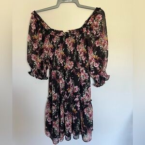 Altar’d State Black Floral Off-Shoulder Dress - Pink & Green Print
